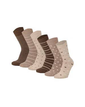Apollo Dames sokken hartjes gestreept sterren print bio katoen 6-pack beige/bruin