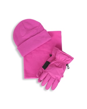 Women's Snow Accessories Set with Knitted Beanie, Fleece Neck Gaiter and Mittens Pink
