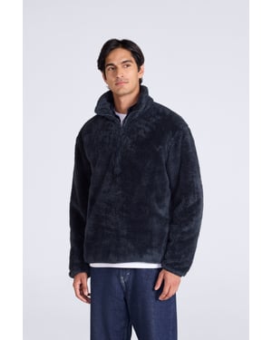 Men's Fleece Teddy Sweater with Pockets Half Zip Warm Cosy Casual Jacket Dark Blue