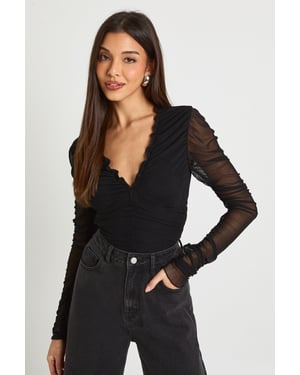Mesh Ruched Neckline Long Sleeve Bodysuit