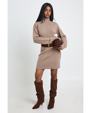 High Neck Seam Detail Knitted Mini Jumper Dress