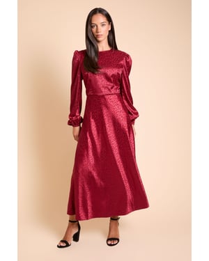 Satin Jacquard Empire Long Sleeve Midi Dress