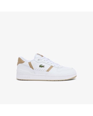 Lacoste Leren platte sneakers voor heren met T-clip (Wit/bruin)