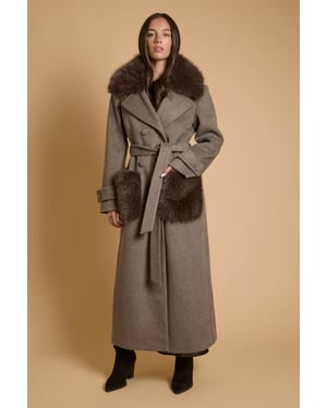 Faux Fur Collar Wrap Coat with Statement Fur Pockets