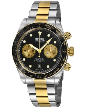 Gevril Men's Barclay Swiss Automatic Chronograph Movement, ETA 7753 IPYG Top Ring, Black Matt Dial, Two toned IPYG 316L Stainless Steel Bracelet