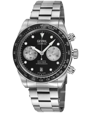 Gevril Men's Barclay Swiss Automatic Chronograph Movement, ETA 7753 Black Matt Dial, 316L Stainless Steel Bracelet