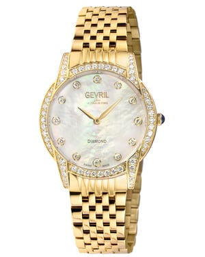 Gevril Women's Airolo Swiss Diamond Watch White MOP Dial IPYG Diamond Case IPYG Bracelet