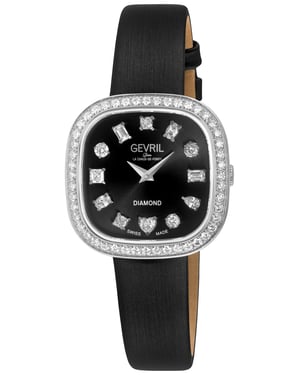 Gevril Women's Infinita Swiss Diamond Watch Black Dial, Black Handmade Italian Leather Strap