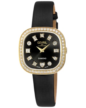 Gevril Women's Infinita Swiss Diamond Watch Black Dial, Black Handmade Italian Leather Strap
