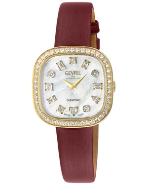 Gevril Women's Infinita Swiss Diamond Watch White MOP Dial, Red Handmade Italian Leather Strap