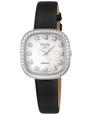 Gevril Women's Infinita Swiss Diamond Watch White MOP Dial, Black Handmade Italian Leather Strap