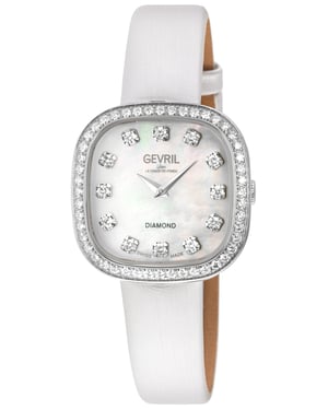 Gevril Women's Infinita Swiss Diamond Watch White MOP Dial, Silver Handmade Italian Leather Strap