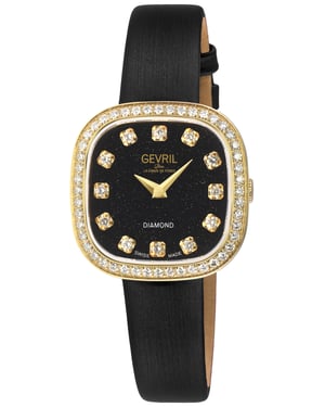 Gevril Women's Infinita Swiss Diamond Watch Black  Sand Dial, Black Handmade Italian Leather Strap