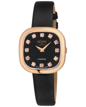 Gevril Women's Infinita Swiss Diamond Watch Black Sand Dial, Black Handmade Italian Leather Strap