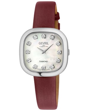Gevril Women's Infinita Swiss Diamond Watch White MOP Dial, Red Handmade Italian Leather Strap