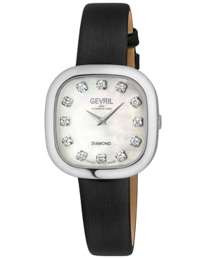 Gevril Women's Infinita Swiss Diamond Watch White MOP Dial, Black Handmade Italian Leather Strap