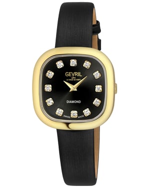 Gevril Women's Infinita Swiss Diamond Watch Black Dial, Black Handmade Italian Leather Strap