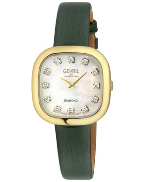 Gevril Women's Infinita Swiss Diamond Watch White MOP Dial, Dark Green Handmade Italian Leather Strap