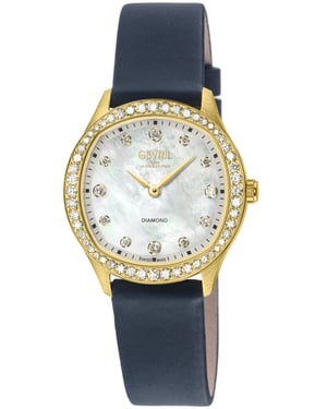 Gevril Women's Morcote Swiss Diamond Watch White MOP, Blue Handmade Italian Leather Strap