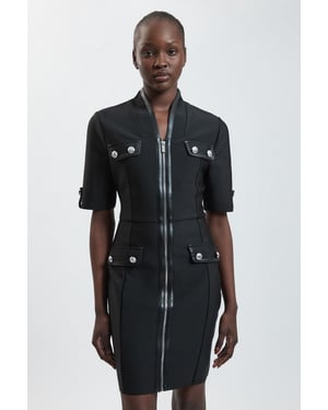 Short Sleeve Pu Tipped Military Bandage Mini Dress