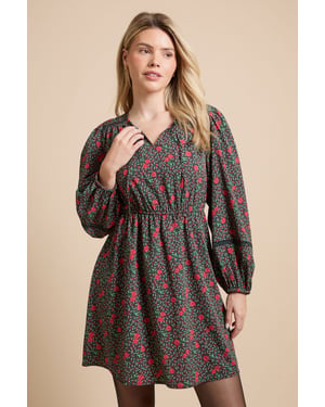 Red Rose Lace Insert Yoke Tie Detail Mini Dress