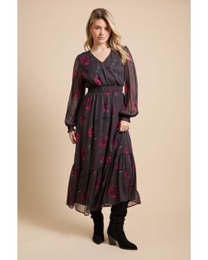 Pink Rose Wrap Front Blouson Sleeve Printed Chiffon Tiered Maxi Dress