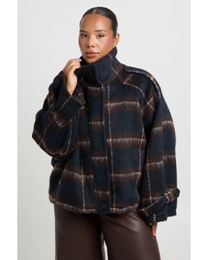 Plus Check Funnel Neck Wool Look Jacket