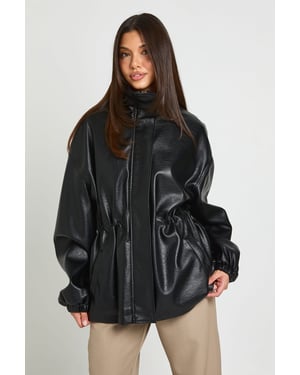 Cinched Waist Detail Faux Leather Jacket
