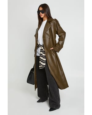 Faux Leather Belted Trench Coat