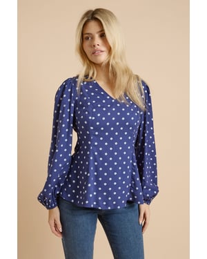 Spot V Neck Blouson Sleeve Top