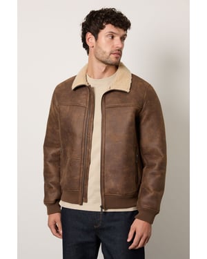 Brown Faux Suede Borg Lined Aviator Jacket