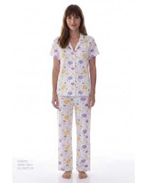 Off-White Bloesem Bloemig Korte Mouw Shirt Broek Pyjama Set