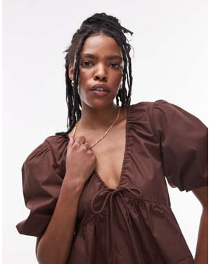 Topshop poplin puffärmad topp i choklad