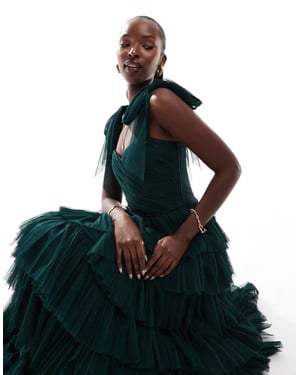 Lace & Beads bow shoulder tiered tulle maxi dress in emerald