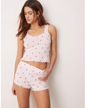 Boux Avenue spetsad jordgubbstryck cami och shortset i rosa
