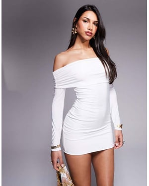 Missyempire dubbel lager slinky bardot foldover bodycon mini klänning i vitt