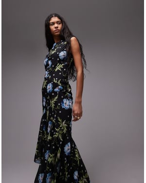 Topshop godet hem boutique tillfälle midiklänning i svart med snurrande blommor