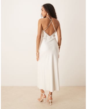 Abercrombie & Fitch satin lace trim halter neck midi dress in white