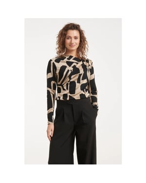 Smashed Lemon Asymmetrische drapering top met een abstracte print in zwart en beige |