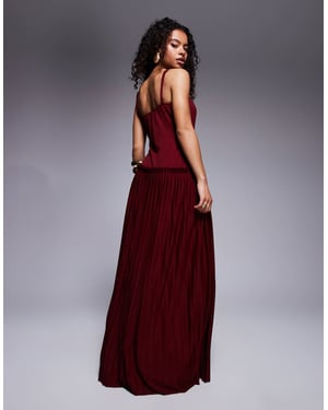 ASOS DESIGN Petite square neck pleated maxi dress with dropped waist in wine
