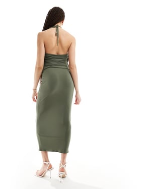 ASOS DESIGN Tall halter ruched midi dress with central cut out detail in soft khaki