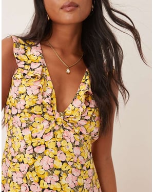 Nobody's Child Petite Beck ruffle shoulder midi dress in yellow and pink floral