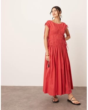 ARRANGE clean cotton drawstring detail trapeze midi dress with pockets in washed red