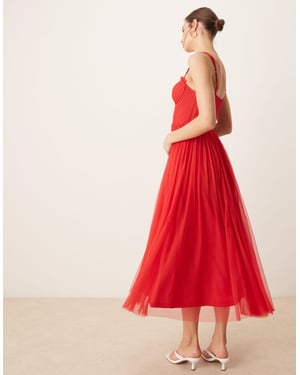 Lace & Beads tulle corset midi dress in red