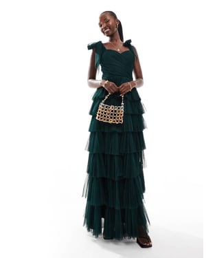 Lace & Beads båt axel tiered tulle maxiklänning i smaragd