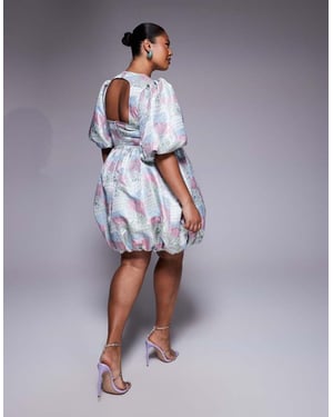 ASOS LUXE Curve jacquard puff sleeve mini dress with bow in multi patch work print