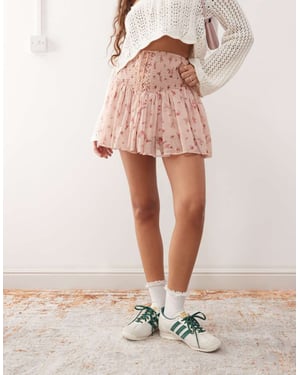 Miss Selfridge shirred waist chiffon mini skirt in pink ditsy print