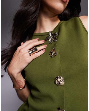 ASOS DESIGN knitted button front waistcoat with flower buttons in olive