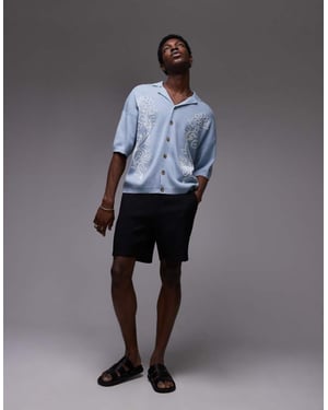 Topman dualblommig broderad revere polo i blått