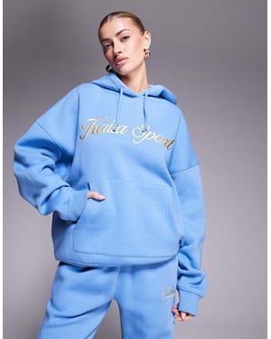 Kaiia bomullsblandning sport broderad skriftlogotyp hoodie co-ord i blått och gult